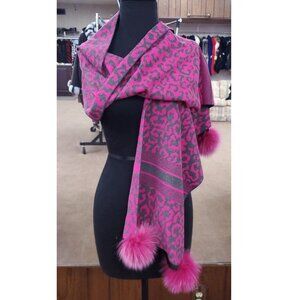 Pink and Gray Animal Print Scarf with Fox Fur Poms